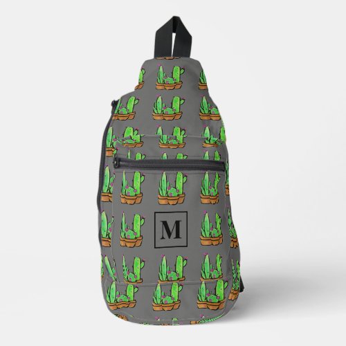  Cactus cacti succulents pattern gray monogram Sling Bag