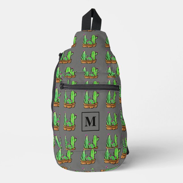  Cactus cacti succulents pattern gray monogram Sling Bag (Front)