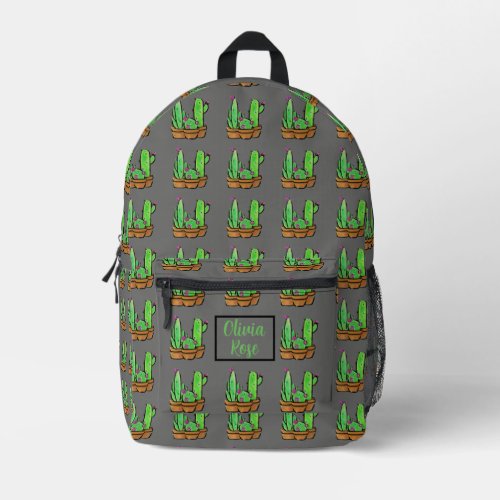 Cactus cacti succulents pattern gray personalize  printed backpack