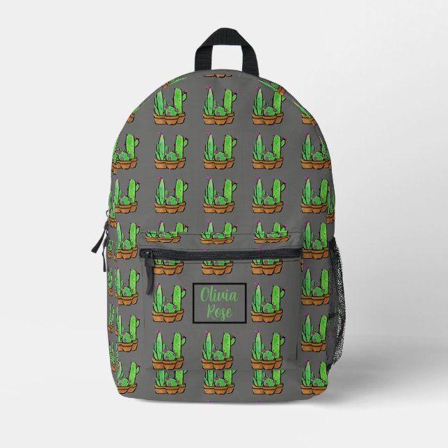 Cactus cacti succulents pattern gray personalize  printed backpack (Front)