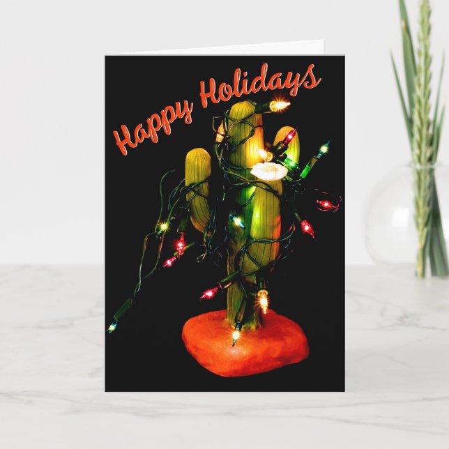 Cactus Candle Wrapped in Christmas Lights Card (Front)
