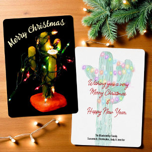 Cactus Candle Wrapped in Christmas Lights Foil Holiday Card