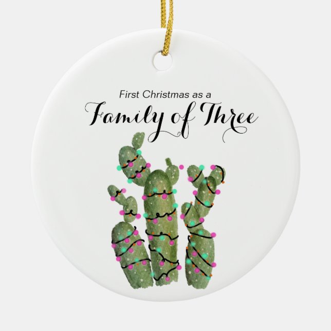 Cactus Christmas as a Family of Three Ceramic Ornament (Front)