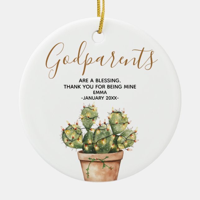 Cactus Christmas Godparents Family Keepsake Ceramic Ornament (Front)