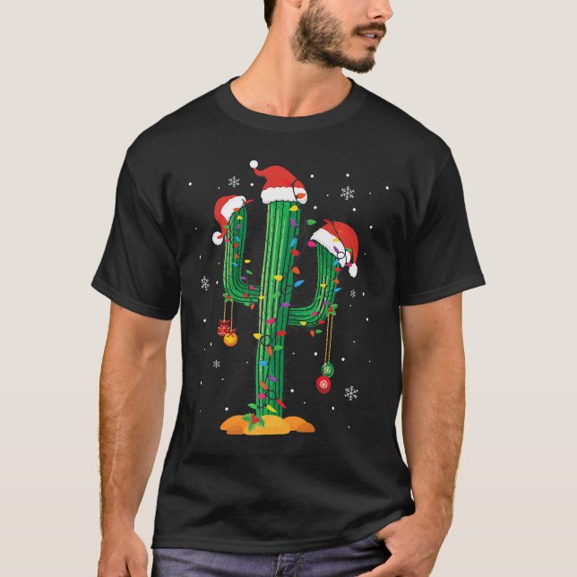 Cactus Christmas Lights Funny Xmas T-Shirt (Front)