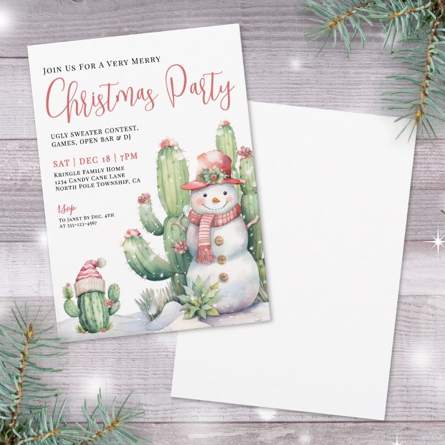 Cactus Christmas Party Invitation (Cactus Snowman Christmas Party Invitation)