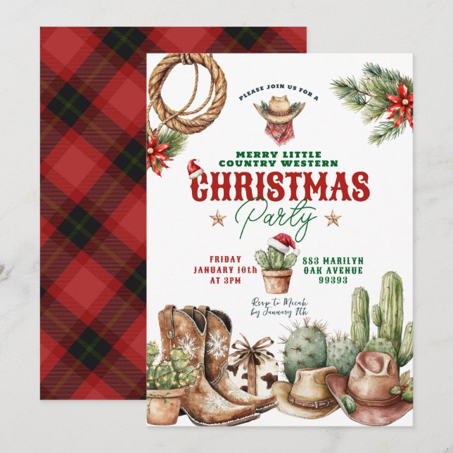 Cactus Christmas Plaid Western Christmas Party Invitation (Front/Back)