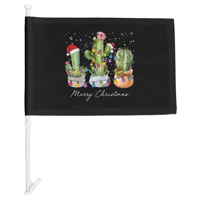 Cactus Christmas Xmas Trees Lights Santa Hat Cactu Car Flag (Front)