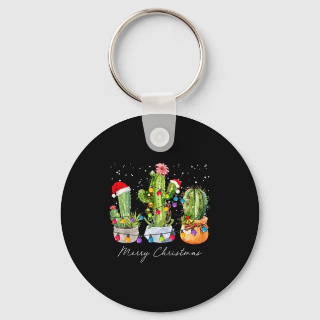Cactus Christmas Xmas Trees Lights Santa Hat Cactu Keychain (Front)