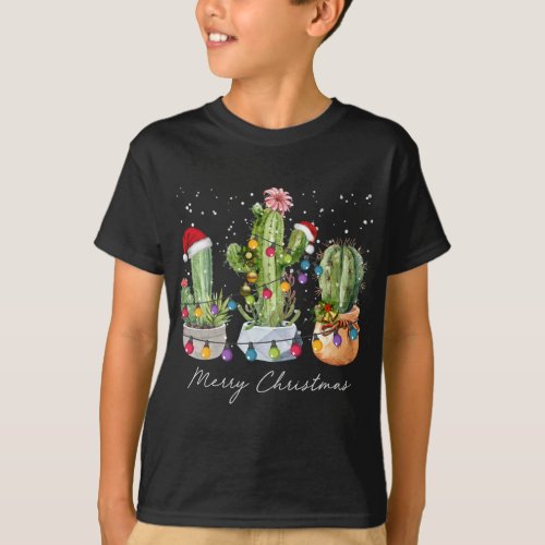 Cactus Christmas Xmas Trees Lights Santa Hat Cactu T_Shirt