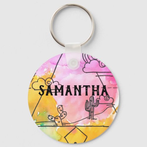 Cactus Clouds Colorful Abstract Pattern Girls Name Keychain