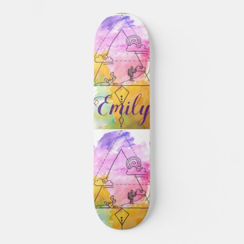 Cactus Clouds Watercolor Plant Desert Girls Name  Skateboard