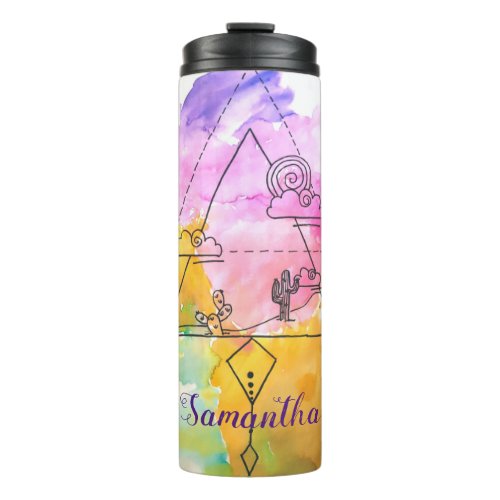 Cactus Clouds Watercolor Plant Desert Girls Name   Thermal Tumbler