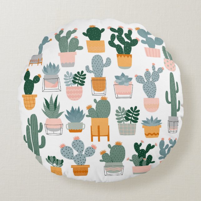 Cactus Collection in Pots Design Round Pillow (Front)