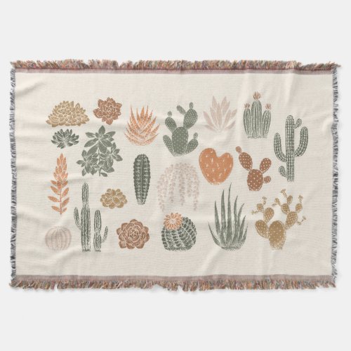 Cactus collection vintage silhouettes succulent  throw blanket