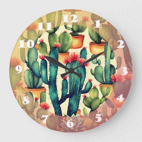 Cactus Colorful Watercolor art  Large Clock