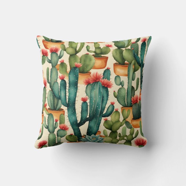Cactus Colorful Watercolor art  Throw Pillow (Back)