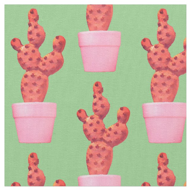 Cactus Cute Modern Green Pink Pop Art Fabric (Close Up)