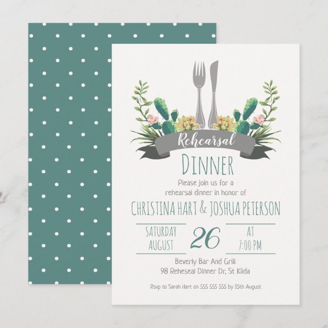 Cactus Cutlery Rehearsal Dinner Invitation (Front/Back)