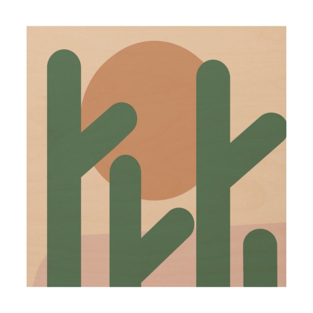 Cactus Desert Bohemian Sunset Pattern Wood Wall Art (Front)