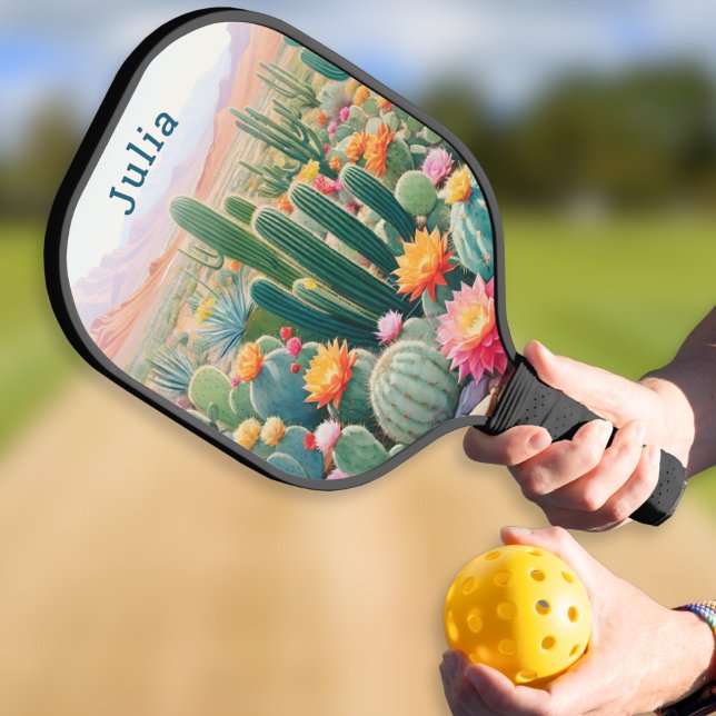 Cactus Desert Flowers Personalized Carbon Fiber Pickleball Paddle (A personalized pickleball paddle with illustration of flowering cacti in a desert landscape)