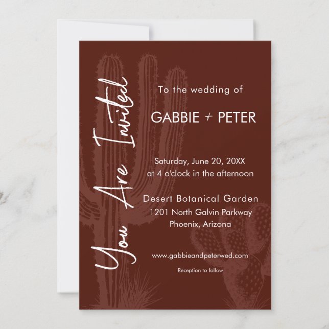 Cactus Desert Maroon Terra Cotta Wedding Invitation (Front)