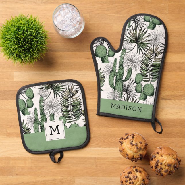 Cactus Desert Pattern Oven Mitt & Pot Holder Set (Top Down)