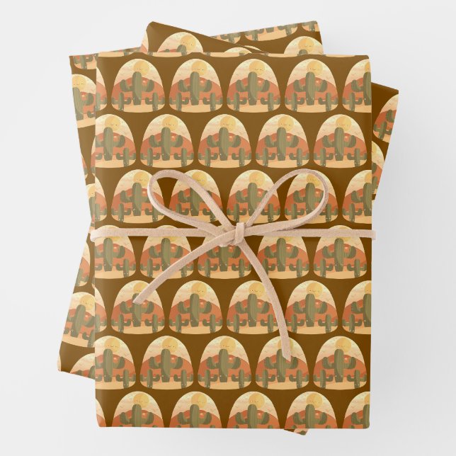 Cactus Desert With Sun Wrapping Paper Sheets (In situ)