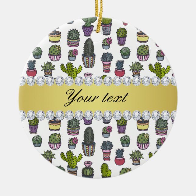 Cactus Faux Gold Bling Diamonds Ceramic Ornament (Front)