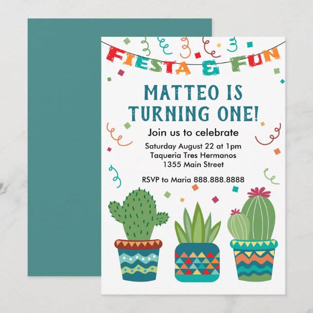 Cactus Fiesta Birthday Party First Year One Year Invitation (Front/Back)