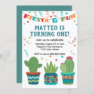 Cactus Fiesta Birthday Party First Year One Year Invitation