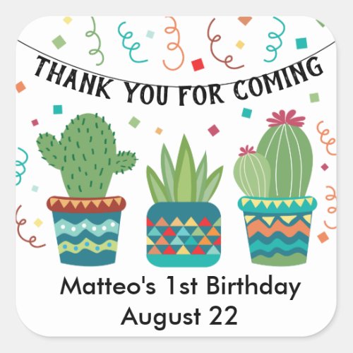 Cactus Fiesta Birthday Party First Year One Year Square Sticker