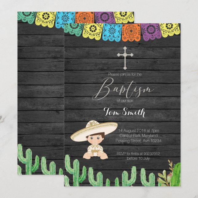 Cactus Fiesta Boy Baptism Christening Invitation (Front/Back)