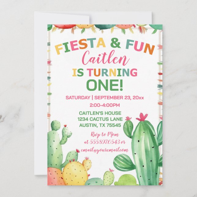 Cactus Fiesta First Birthday Girl Colorful Invitation (Front)