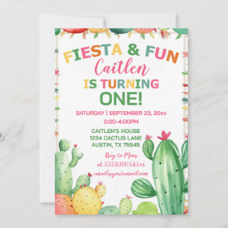 Cactus Fiesta First Birthday Girl Colorful Invitation