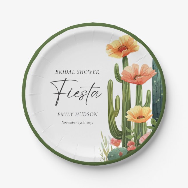 Cactus Fiesta Floral Bridal Shower Paper Plates (Front)