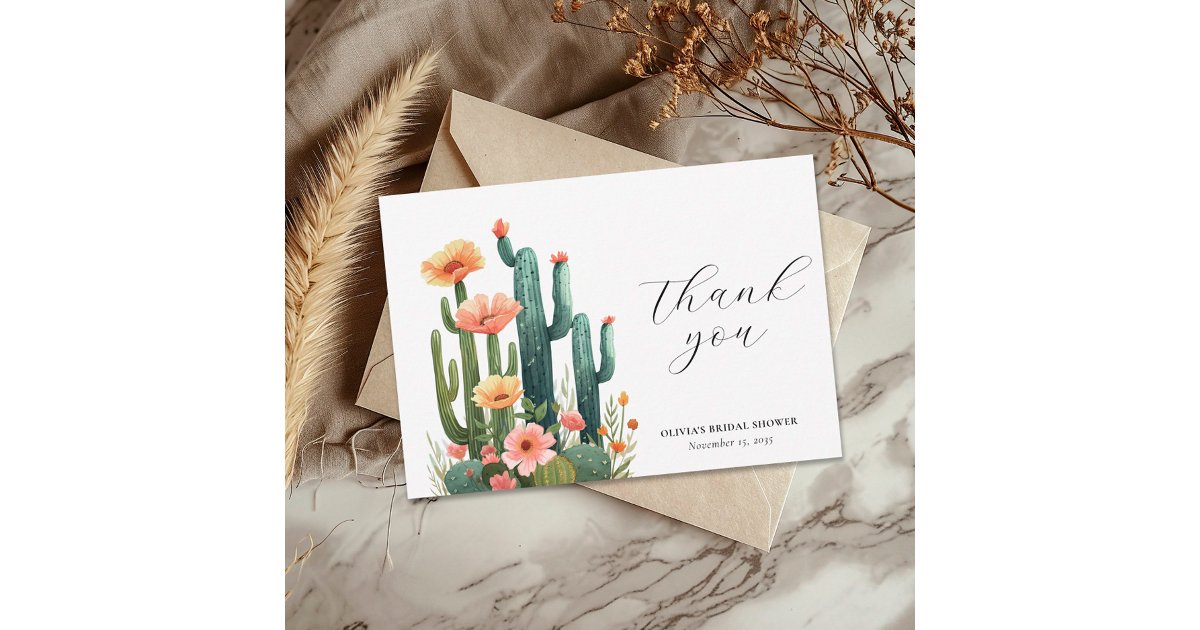 Cactus Fiesta Floral Bridal Shower Thank You Card | Zazzle