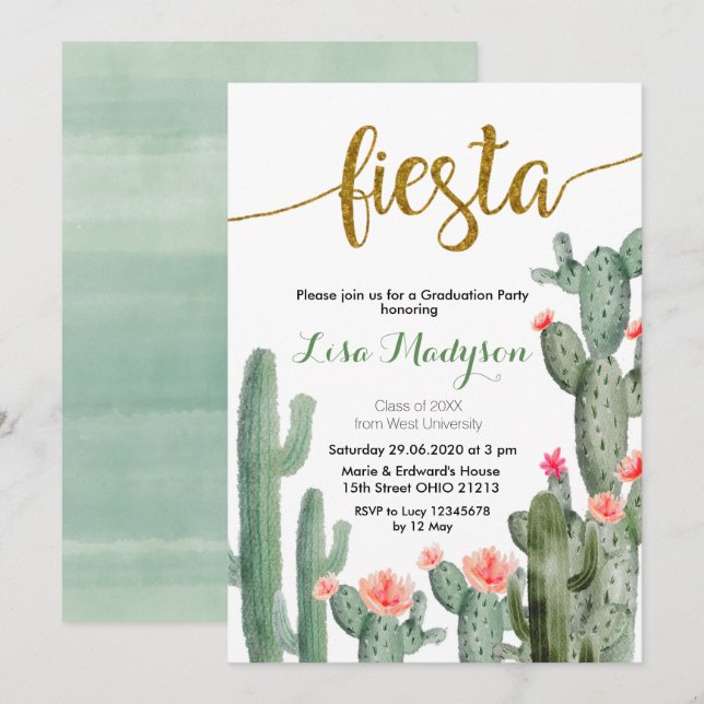 Cactus Fiesta Graduation Invitation Party Mexican (Front/Back)