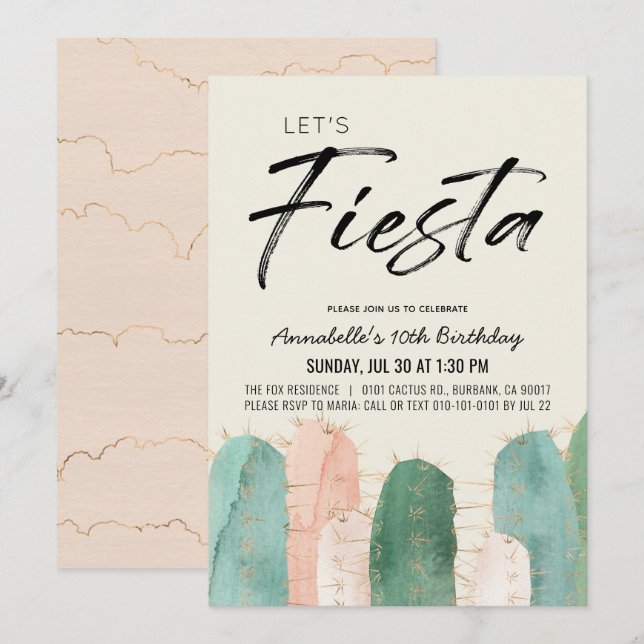 Cactus Fiesta Pink Girl Birthday Invitation (Front/Back)