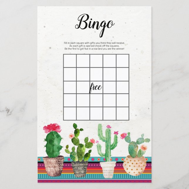 Cactus Fiesta Watercolor Bingo Game (Front)