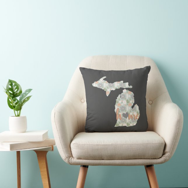 Cactus Filled Michigan Silhouette With Home Throw Pillow (Chair)