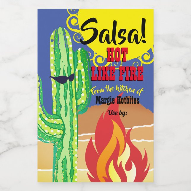 Cactus flames fire Mexican hot sauce salsa canning Food Label (Single Label)