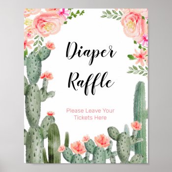 Cactus Floral Baby Shower Watercolor Diaper Raffle Poster by HappyPartyStudio at Zazzle