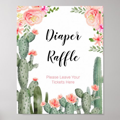 Cactus Floral Baby Shower Watercolor Diaper Raffle Poster