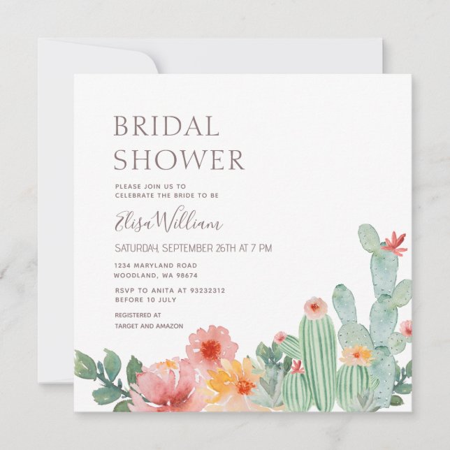 Cactus Floral Bridal Shower  Invitation (Front)