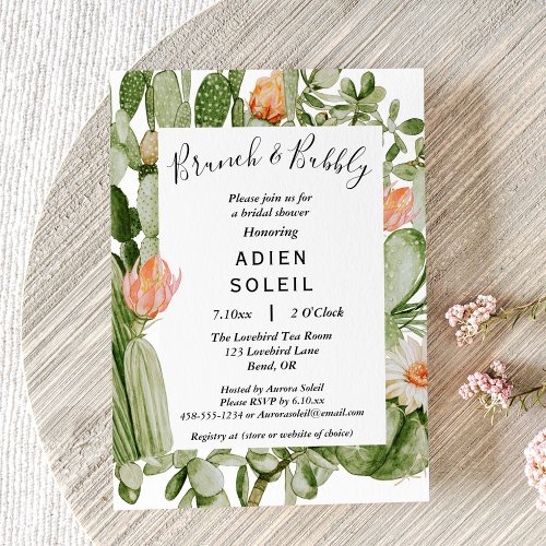 Cactus Floral Brunch And Bubbly Bridal Shower Invitation