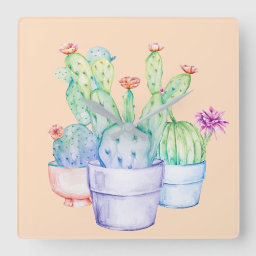 Cactus Floral Coral Peach Blue Watercolor Lavender Square Wall Clock