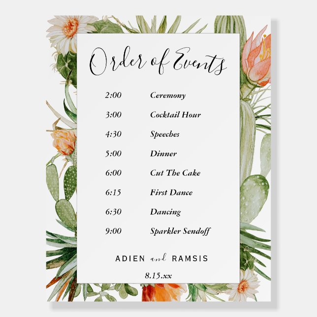 Cactus Floral Desert Wedding Order Of Events Sign (Front)