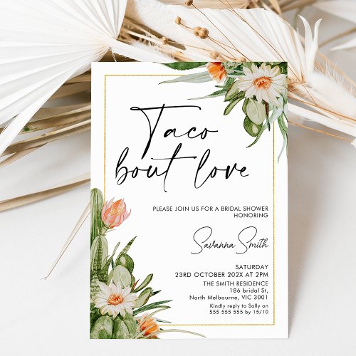 Cactus Floral Gold Frame Taco Love Bridal Shower Invitation