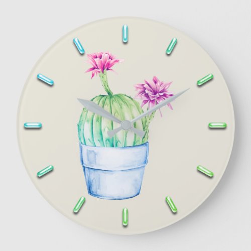 Cactus Floral Pink Aqua Watercolor Mint IVORY Large Clock